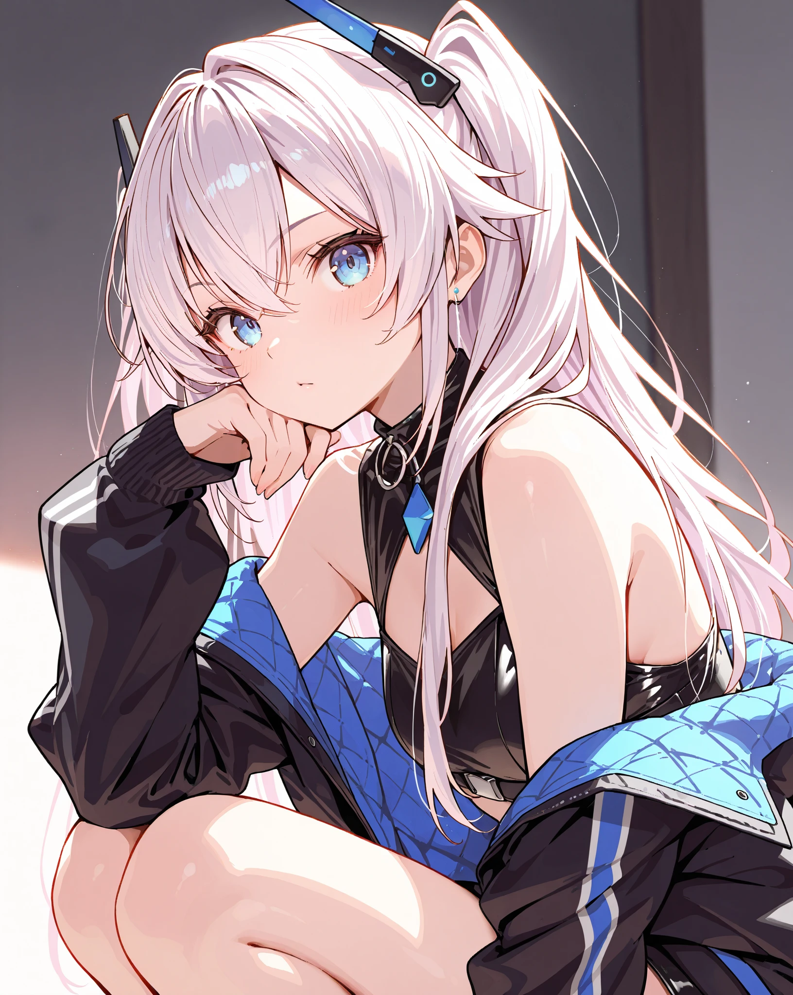 1girl, noberetkanatan, sitting,22 years old gal, long hair, multicolor hair, brown hair, inner hair color, blue hair, angel wings, mini feathers, purple eyes, starhalo, partial fingerless gloves, thigh straps, black gloves, hair ornament, dress, bangs, two side up, jewelry, pleated dress, single thigh, black dress, ruffle, shoulder out, knee high, hair clip, necklace, gradient dress, belt, sleeveless, happy,