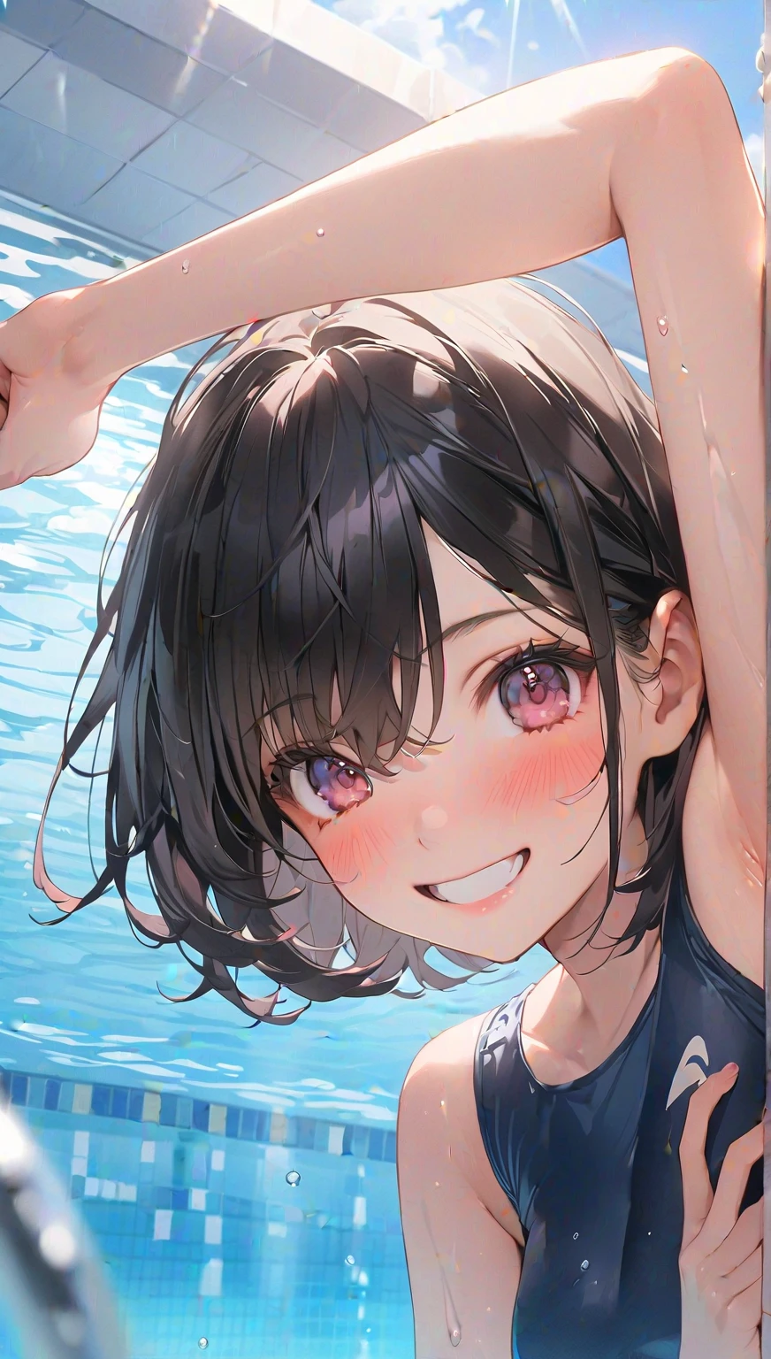 (Best quality, 8k, 32k, Masterpiece, UHD,:1.2),RAW, 1girl,ultra cute , natural lighting,transparent shining eyes, 20yo ,fair complexion ,flushed face,dynamic Lighting, ((school swimsuit)), large breast, wet, shiny, From above