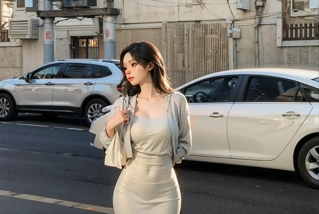 High picture quality, dynamic posture, clear theme, a beautiful woman, red lips warm, soft eyes, fair skin, stretched slender figure, leisurely in the natural environment, warm sunlight shining on her, the subtle wind around her blows her long hair, in the sun, she exudes a mesmerizing brilliance.