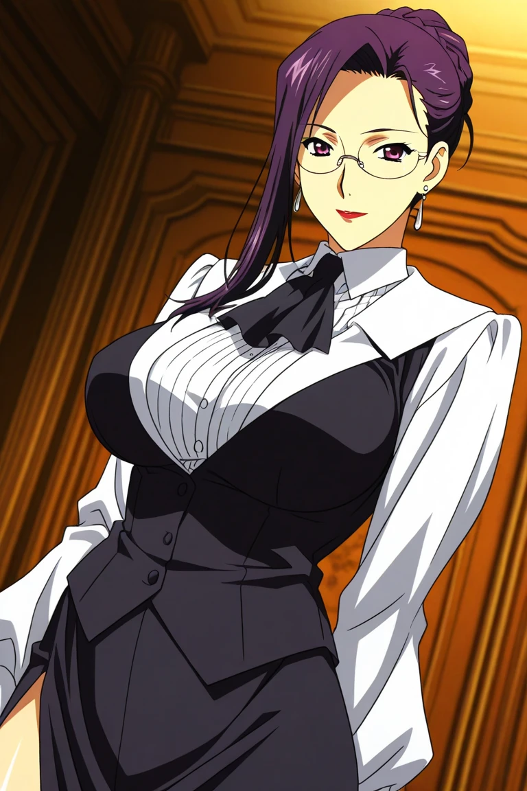 Both hands hold a bouquet of red flowers, (Off-the-shoulder white wedding dress, Snow White Veil, choker, silver tiara, necklace, earrings, church background, (cathedral background), (sunny weather), Litchi Faye-Ling, mature woman, anime cels style, best quality, high resolution, 1girl, (huge breasts:1.2), beautiful face, Beautiful Finger, Beautiful long legs, Beautiful body, Beautiful Nose,Beautiful character design, semi-rimless eyewear, black hair, very long hair, ponytail,Bangs,purple eyes, (cowboy shot), smiling, looking at viewer