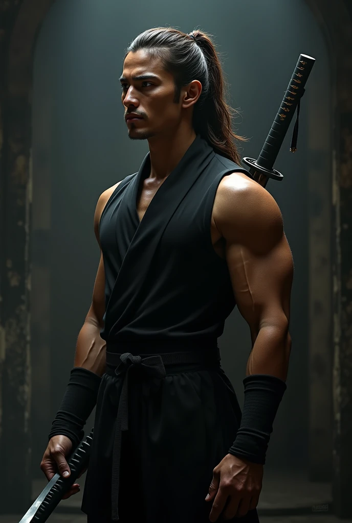 raw photo , 8K, ultra detailed, (realistic:1.2), (1man, ninja, mask:1.3), thigh, (night town:1.3),