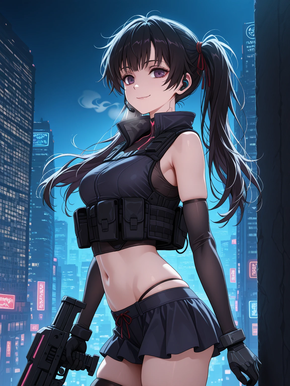 (Best Picture Quality, 4K, High Quality, Masterpiece:1.2), ((Masterpiece)), High Detail, High Quality, (HDR,16k, RAW Beautiful Girl Portrait, Best Picture Quality, Masterpiece:1.2), (Ultra-Definition Illustration), (nsfw:1.3), (cyberpunk:1.4), city, extremely cute girl, wearing black & orange sexy cyber gear, mechanical wear, sleeveless, detaced sleeve, pantyhose, armpits, evil smile
