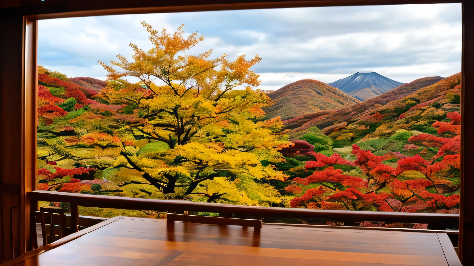 This image shows vivid autumn leaves, The bright red color, orange on the back, yellow, green table、It creates a spectacular colored tapestry. and the bright colors reflect on the glossy, the black table surface, reflect the exquisite scenery, doubles the visual impact. This scenery is、tree枠で壁を大きく仕切った伝統的な和室の中から眺めたもので、, create a beautiful contrast with the natural complexity of the glass window. The lighting on the cloudy sky enhances the color saturation of the leaves, the reflection on the table adds depth and symmetry to the composition. the room's exquisite structure, すっきりとしたラインと温かみのあるtreeの色調, tree々that perfectly frames the colorful leaves on the outside. The setting creates a calm and meditative atmosphere, creates a visual symphony where nature and architecture are in harmony, and、reflects the beauty of autumn in Japan.