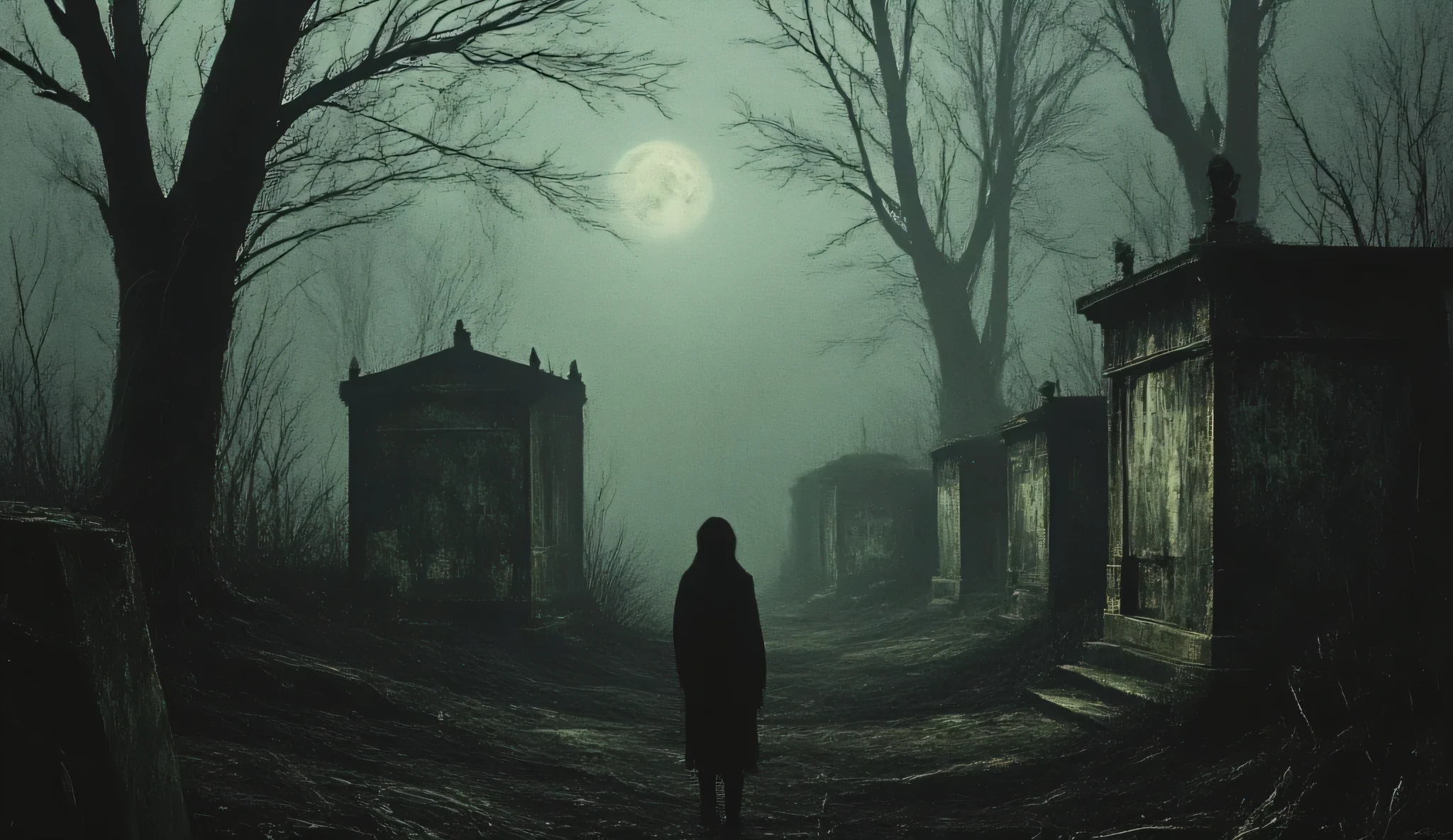 Abandoned graveyard, Gothic cemetery, dilapidated, nighttime, darkness, eerie shadows, twisted trees, foggy, surreal horror, haunting art, high detail, masterpiece.