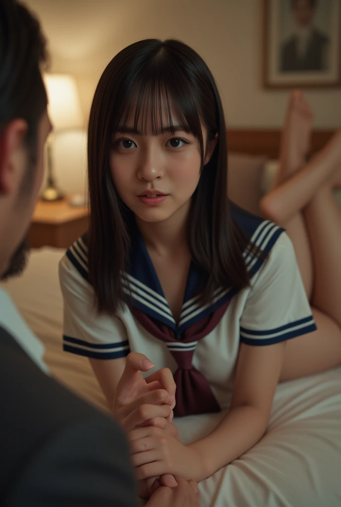 (​masterpiece:1.4)、(1male people:1.9)、1girl、15 years old,(:1.2),high school student,beautiful girl,(short ponytails:1.2),akb48,nogizaka46,sailor suit,high ,(A father is touching his delicate girl's crotche:1.9)、student clothes、a closeup、Lying in bed、Father touching the crotch of delicate girl、(Cute 15-year-old delicate girl with semi-long hair and 50-year-old father with short hair)obscenity:1,2、Metamorphosis:1,2、NSFW:1,2、caress:1,2、Wrinkles between the eyebrows、Touching each other's crotches、red blush、toppless、White panties、Dark blue pleated mini skirt、tre anatomically correct,(small breasts:1.2),(skinny:1.2),