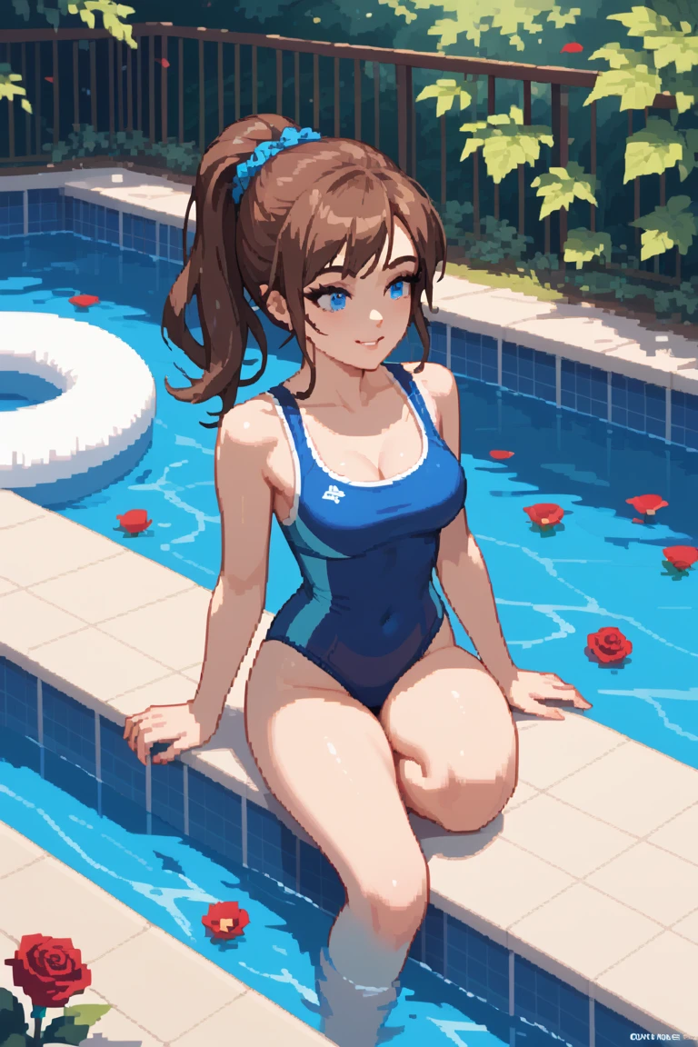 1girl, large chest, high res, school swimsuit, smile, cleavage,