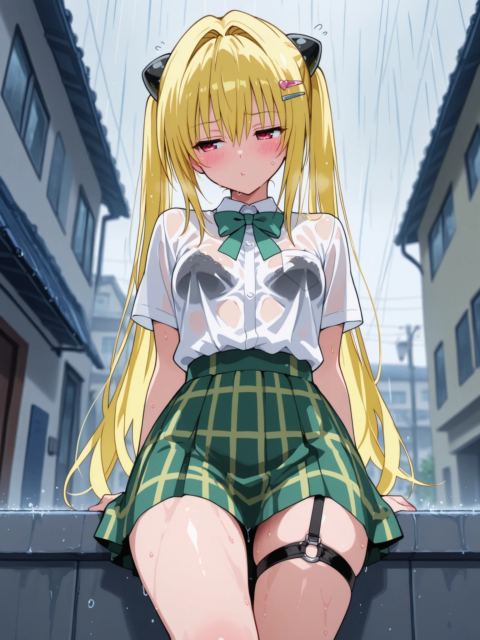 Close-up shots of sexy parts. Glamorous skin, Delicate, Wet skin feel, Busty elements, Sweat drops, Very delicate depiction of hair, Small breasts, Dynamic poses. Breasts, (masterpiece, top quality), very beautiful, Absurd, highly detailed CG unity 8K wallpaper, Spanish illustration, (glamorous look), anime style 4k,, anime moe art style, anime art wallpaper 4K, high quality anime art style,CUTE ANIME GIRL, depth of field, perfect hands, nice, familiar with digital animation art, anime art wallpaper 8k,,, 5_ others, 4_ others, 1_ parents also viewed, Face in love, blush, half closed eyes,
ToLOVEる ダークネス / 金色の闇 (Konjiki no Yami)
Prompt:
Yami reclines on a soaked rooftop ledge during a torrential rainstorm, her lithe yet busty frame glistening under the downpour. Her school uniform clings to her sweat-soaked skin, the white blouse translucent and revealing her massive breasts, their curves captured in a close-up shot that highlights their heaving shine. Her yellow hair, styled in thin twin tails with black hair clips, is drenched, with her long back hair clinging to her flushed shoulders. The green ribbon is loose, dripping with water, while her green checkered skirt is hiked up, exposing her creamy thighs and the black leg garter belt on her left leg, slick with rain. She lies on her back, one leg bent to showcase her sexy thighs, their smooth texture emphasized in a tight close-up. Her red eyes smolder with a mix of aloof detachment and simmering lust, her lips parted in a soft, inviting pout. The low-angle shot from her side amplifies her commanding yet vulnerable allure, with city lights blurred by rain in the background.