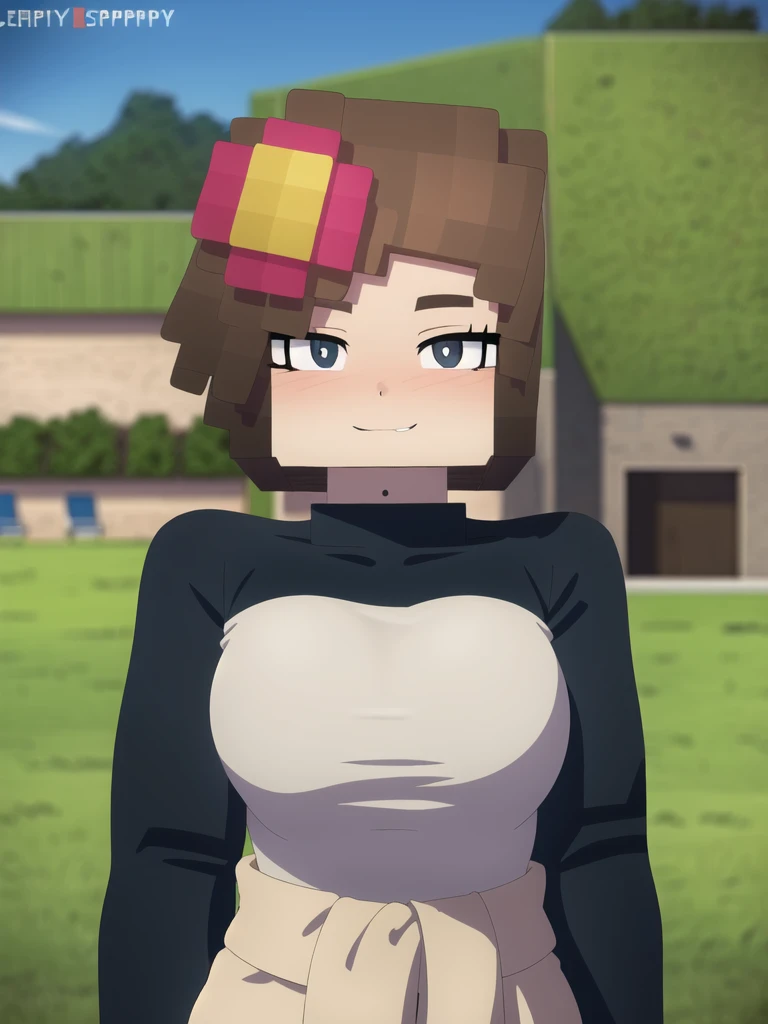 masterpiece, best quality, ultra-detailed, Potrait of beautiful , (chubby) (muscular), (plump), (sexy), (cleavage), ((tomboy)), (anime), (張った乳), (ムチムチ), ((very short hair)), ((Uzaki Hana)), (overweight), ((垂れ下がった乳)), (blue eyes), (へそ), (blue eyes), (へそ出し), (minecraft), 