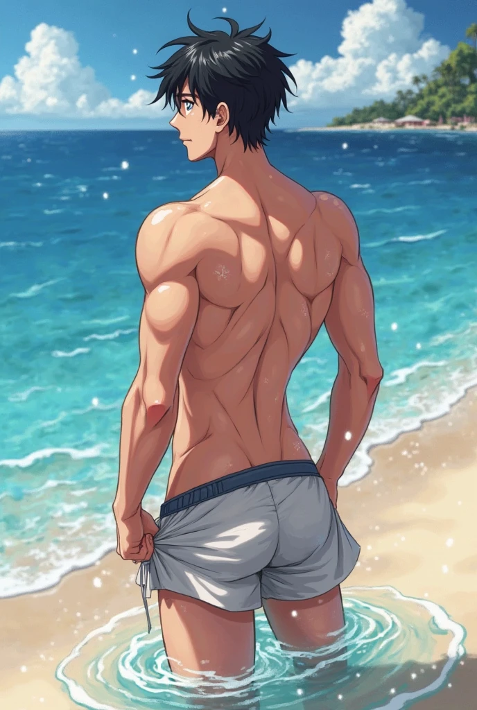 A sexy indian man wearing  an underwear, in a beach , beautiful scenery,, nsfw, homoerotic, masterpiece, detailed background, movie like visuals, crisp and clear photo, realistic, colourfull, best quality photo, he is looking at the camera seductively 