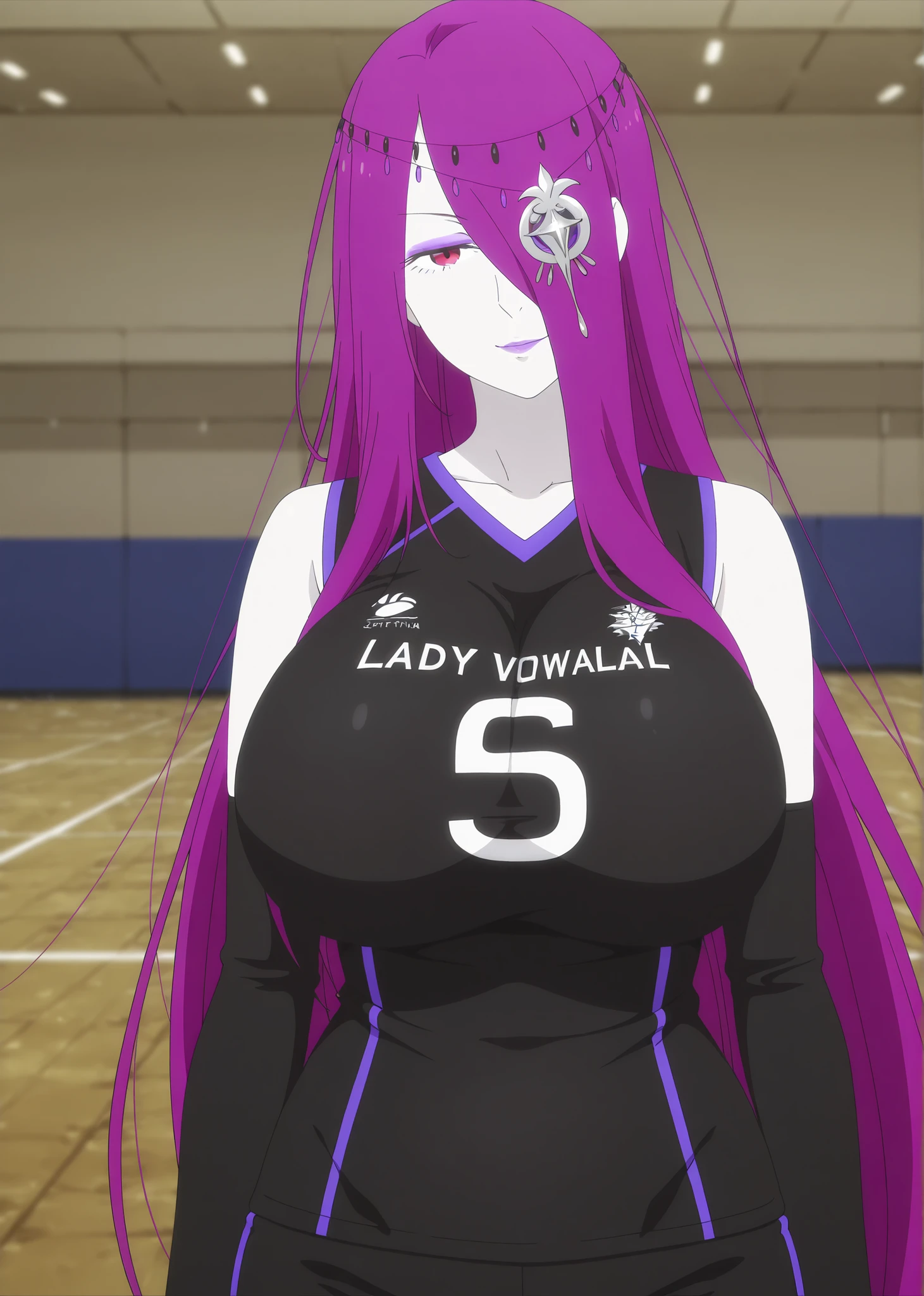 (masterpiece, best quality), hitamu (futoku no guild), ((purple hair)), animal ears,blue eyes, hair curls, large breasts, wide hips, <lora:FutokuNoGuild-1.01:0.75> , <lora:blacked_underwear_v1.9:1> , blacked, sports bra, thong, squating,