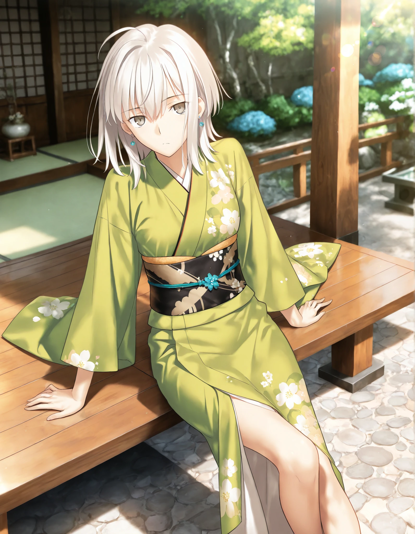 masterpiece, , absurdres, highres, detailed background, high resolution, masterpiece, necessary, detail, best quality, quality, necessary, details, High details, Precise, 8k, outdoors,(japanese garden),dark lens flare, blurry background, from above,
1girl, , koyama hirokazu (type-moon) style, ,Takeuchi Takashi style, (aged up),( ), ,((very long legs)), sitting, sitting, blue pierced earrings,
very tall girl, (slender body, slim arms, slim body), solo, long sidelocks, table, , , ,
((wolf cut hair)), white hair, medium hair, gray eyes, half-closed eyes, jitome ,bangs, hair between eyes, ahoge, ,(kimono, dark green kimono, long sleeve, ), ,(small breasts),(looking at viewer), , ,