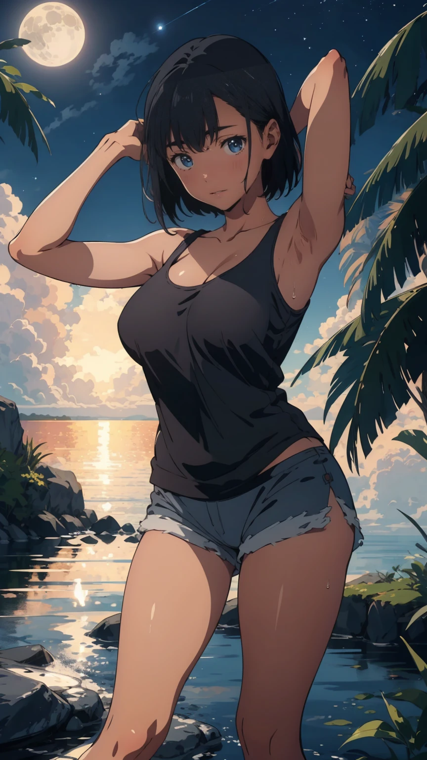 masterpiece, best quality, anime 1990s \(style\, leona heidern, tank top, short, desert, army, cammo. pony tail, wet, serious, soldier.
