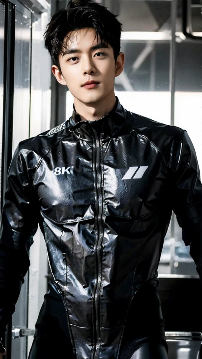 masterpiece,best quality, (An 18-year-old boy with extraordinary development:1.2), (Kneeling in the pond:1.2),Orange tight cycling suit,male，(Broad shoulders),Muscular shoulders，（Extremely strong body），Fitness，Inverted triangle figure，Biceps，Highlight muscle texture，（Frontal upward perspective）， Muscular body，Small head，（Handsome and cute face），V-Shaped Face，Perfectly detailed facial features,sports shoes，Looking at the camera，An angry and serious expression，leaning back,head tilt, happy, very short hair, brown hair,(looking at viewer:1.2)，Wide-angle lens