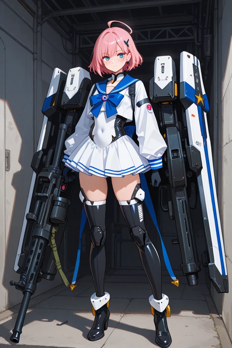 <lora:LBX-Girls_Riko:0.6>, LBX-Girls_Riko, 1girl, solo, weapon, gun, blue eyes, short hair, thighhighs, holding, looking at viewer, holding weapon, gloves, rifle, mecha musume, holding gun, covered navel, aiming, pink thighhighs, <lora:Masterpiace:0.8>,