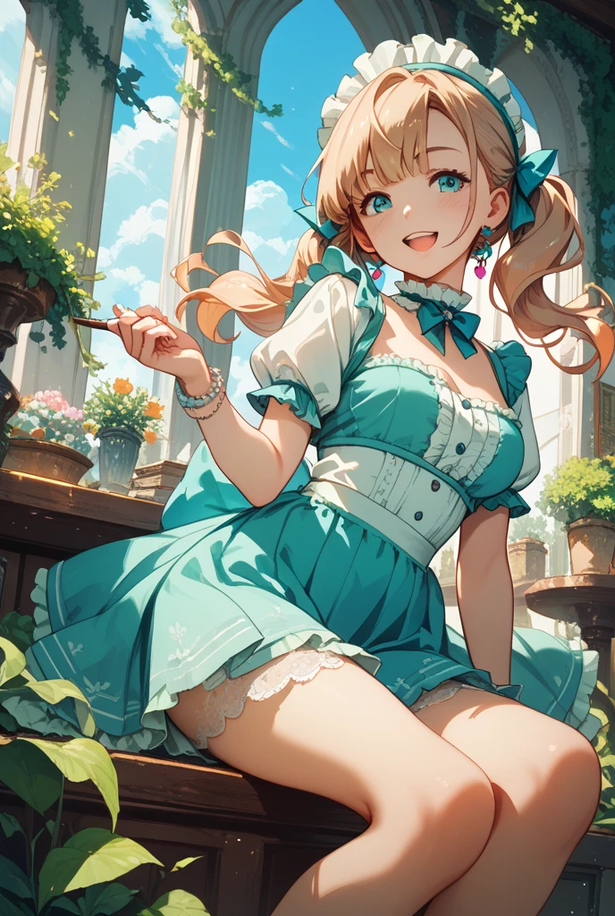 20 years old,1 girl,hyperrealistic, 8k, (extremely detailed 8k), (very delicate and beautiful), (masterpiece), (better quality:1.0), (ultra high resolution:1.0), (masterpiece, best quality), cute,blonde,cleavage cutout,(broen dress:1.3),(crop top navel:1),gleaming skin,twintails,twin bun,a pink ribbon on the head,long hair,pastel green frill Chinese-made dress,white long gloves,delighted,hold a bouquet of flowers,from the front,a bunch of flowers,POV,bust shot,white frill,puffy sleeves,surrounded by flowers,cry for joy