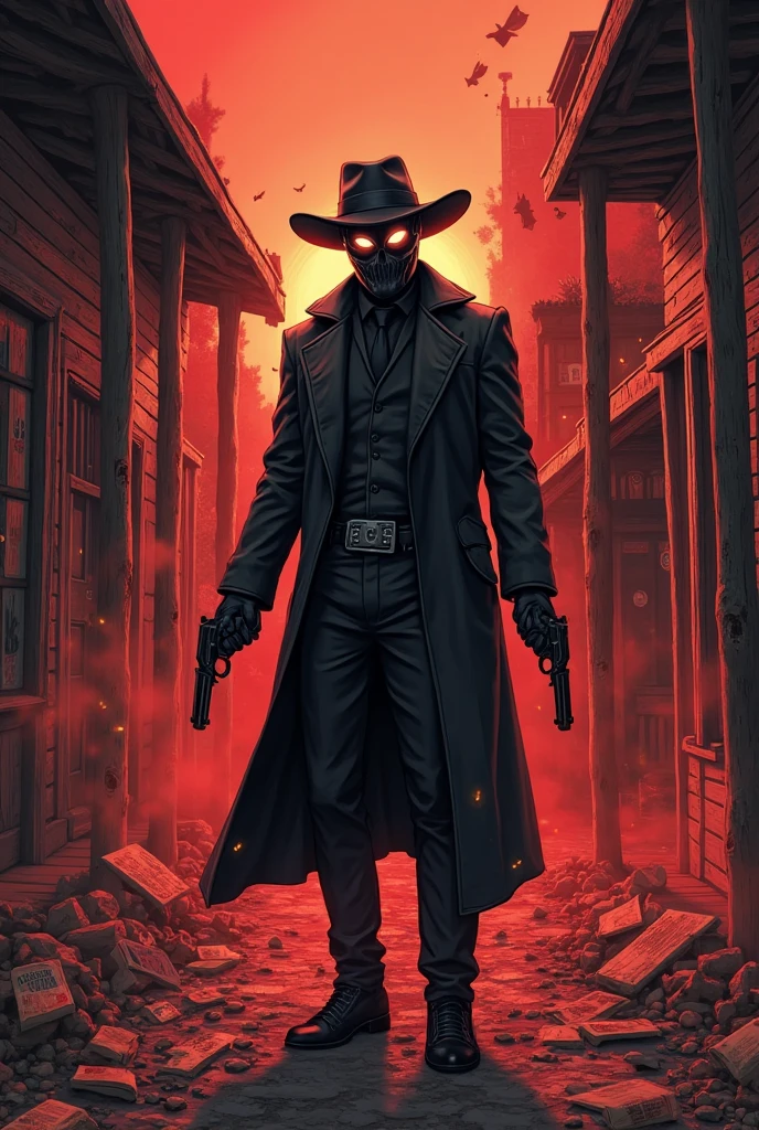 A cowboy with fiery eyes, is located in a western town, he wears a black coat and has revolvers in his hands, In the background you can see demons that look like shadows 