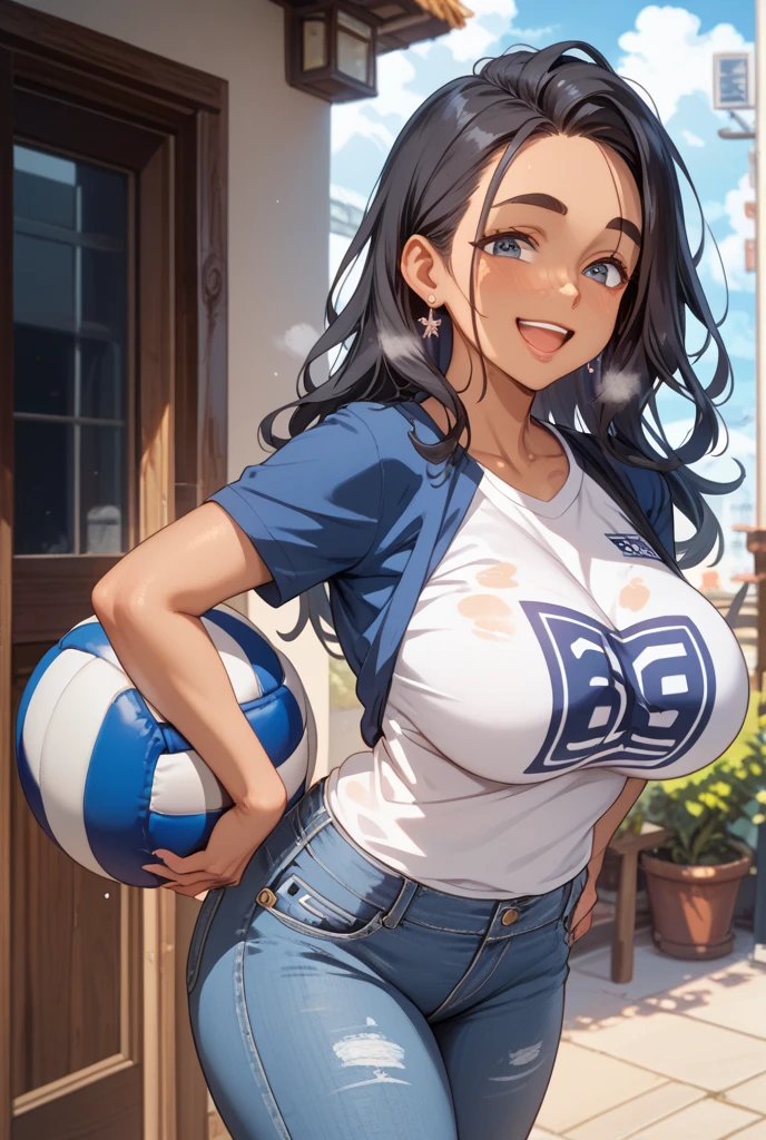 (highest quality:1.2, Very detailed, Latest, Vibrant, Ultra-high resolution, High Contrast, masterpiece:1.2, highest quality, Best aesthetics), (((1 girl))), Beautiful woman, (smile), Photon Mapping, Radio City, Physically Based Rendering, Cinema Lighting, Basketball court,Written boundary depth, Sharp focus,Sunbeam, Good composition, (Bokeh:1.2), Watery eyes, Fine grain, Random Pause, Tight waist, Volleyball Uniforms, Shorts, Black Hair, Shiny straight hair, Long hair blowing in the wind,Large Breasts、(from above:1.1)
