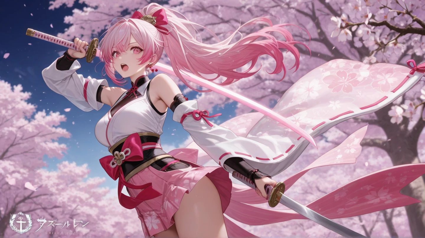 Many sword and gunshot wounds、Heavy bleeding、Cute underwear in pink color、Cute pink bra、Japanese sword and dragon sheath、A magic swordsman who uses blue flames