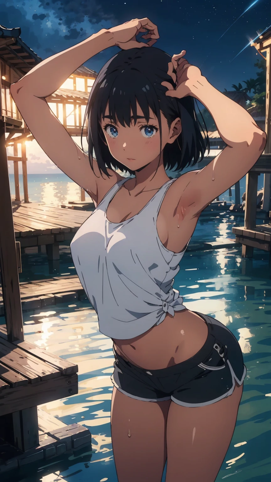 1 girl,utbikini, light hoodie,red bikini,(standing),light smile,outdoors,navel,hands in pockets,dark blue hair, dark blue eyes, short hair, earrings, hair accessories, anklet, right eye hidden by bangs, middle chest, cleavage, toned belly, muscular