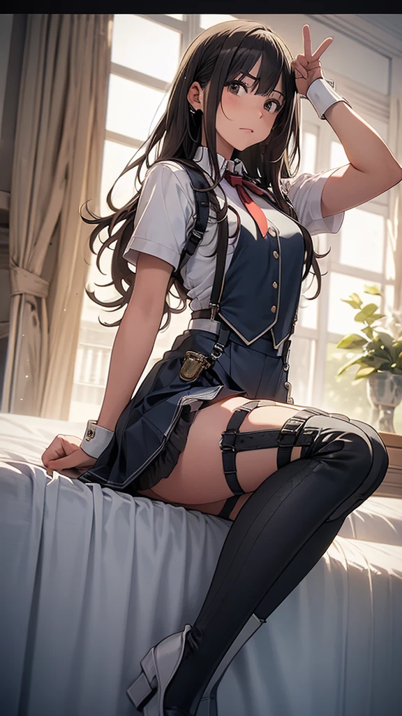 (Masterpiece:1.2),( Best quality:1.1),1girll,NSFW,cleanness,Perfect face,blackstockings,high high quality,adolable,brunette color hair,Need,super-fine,Extremely fine,super-fine,(exquisitedetails:1.2 ), (Black pantyhose panties:1.2), (japanese sailor suits:1.2), (Camel toes:1.2), (Raise your feet:1.4), A sole, lying down, parks, looking at viewert, rays of sunshine,seminude,pantyless,No underwear,Poor milk,tit,Vaginal thrust by,sex organ,Female organs