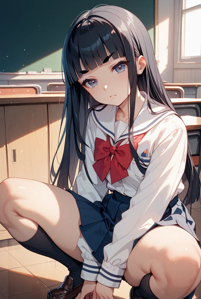 nsfw,alone, (One girl), Elementary school girl,8-year-old, ((Pink Panties)), (wearing only the top half of sailor school uniform),sexy, (Cowboy Shot), ((Put your arms behind your head)), classroom, With a girl:Her hair is long and black, Her face is round and cute, Black Hair, Low twin tails,Shy, Embarrassing,from below,from the front,(squat),