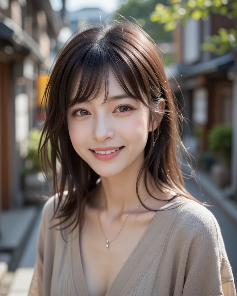 Highest quality:1.5）、(Realistic:1.5)、(1 person:1.5)、Very detailed、finely、High resolution、8k wallpaper、Perfect dynamic composition、Small breasts、Natural color lip、Cute Smile、Japanese women、20-year-old girl、Beautiful and elaborate face、Perfect and beautiful face、Beautiful and exquisite、Big eyes、Brunette's eyes、Beautiful and elaborate face、Perfect and beautiful double eyelids、Natural Bangs、Beautiful thin nose、Beautiful Skin、Chestnut Hair、Hair tied up、Natural Bangs、Open Cafe、Terrace seats、Perfect and beautiful face、Natural pose、Slim face and figure、(Looking into the camera)、Bright lighting、Professional Lighting、Front lighting、Bold sexy pose、Natural smile、Make it cold、Holter shoulder、Beautiful clavicle、（A sexy shot of her looking straight into the camera）、