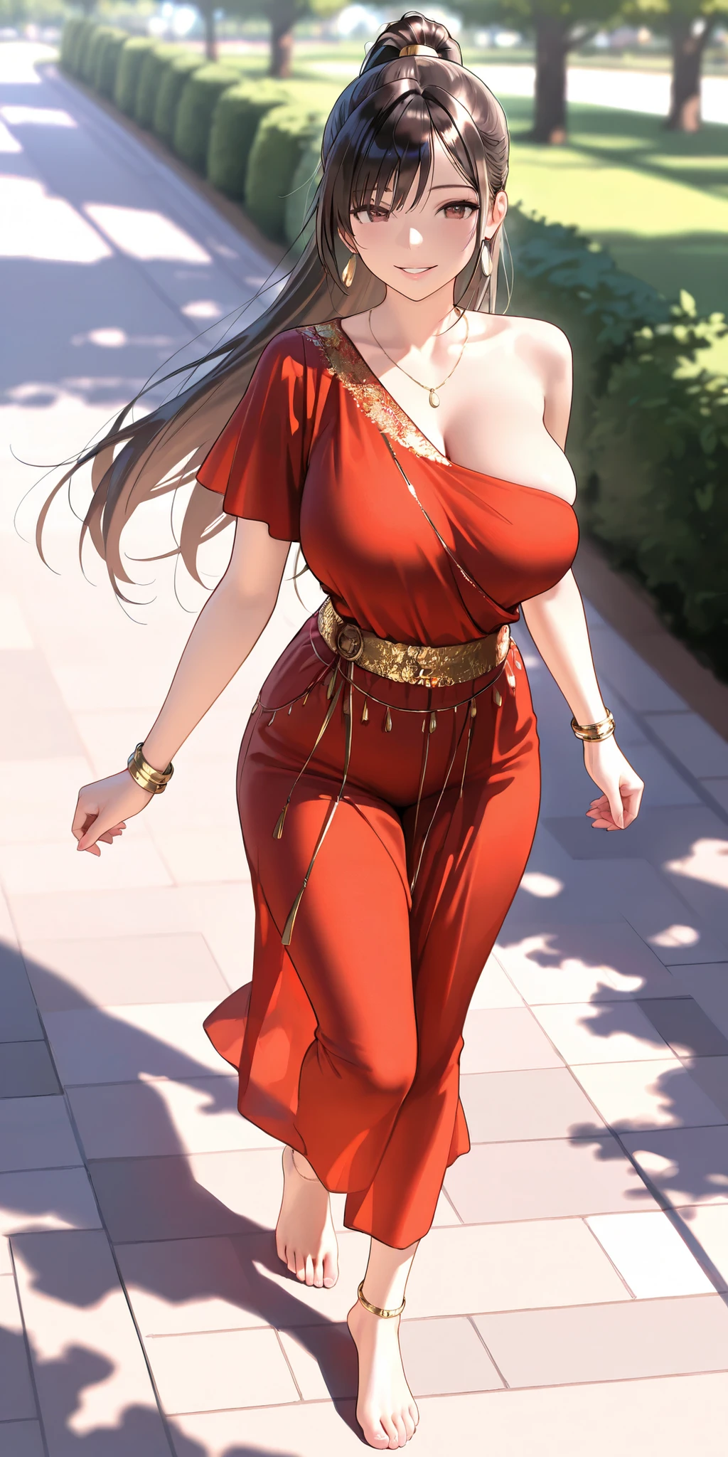 Masterpiece, newest, vibrant, very aesthetic, high contrast, beautiful girl, straight hair, high ponytail long hair, parted lips, smile, perfect body, big breast, saree, bracelet, anklet, bare foot, full body, walking, park, best quality, realistic face, realistic body, stunning visual cg, looking at viewer, cowboy shoots, view from above