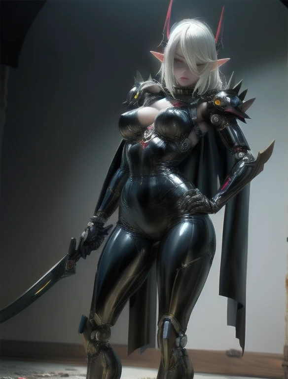 (Top Quality, 8k), Full body photo, one girl, solo, beautiful girl, (1 girl), (photoshoot poses), seductive pose (legs open squatting), (hands behind head), symmetrical pose, (Top Quality, 8k), anime girl in black latex, dark elf, elf ears, silver hair, long white hair, pointed ears, dark skin, kneeling on the floor, (full body black latex suit, unzipped), high heels, extremely detailed, oppai cyberpunk, large breasts, tits prominent, seductive anime girl, [ 4 k digital art ]!!, wlop glossy skin, necklace, exposed cleavage, beautiful girl, biker girl, night, dramatic lighting, puddles, reflections, reflections on latex, blush, shiny skin, very detailed eyes and face (seductive face, tongue out), beautiful detailed eyes, glossy lips, shiny lips, Thin waist (Intricate, High Detail, Perfect lighting, perfect shadows, dramatic), hard nipple, nipple slip, Widowmaker bodysuit, unzipped bodysuit, tits prominent, large tits, one girl, dark bacground, concrete floor