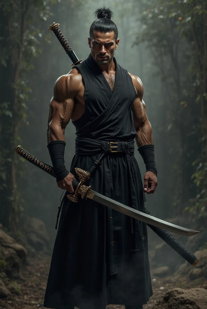 Close-up shot, Low angle shot, (Yasuke “A towering African man over six feet tall, with a muscular build and dark, glistening skin”, in full battle gear, stands protectively in front of Oda Nobunaga “Japan’s most powerful warlords”, during an ambush. His katana is drawn, the blade gleaming in the dim light, as he faces off against a group of attackers. His expression is fierce and unyielding, his muscles tense with readiness. Nobunaga, dressed in a ceremonial kimono, stands behind Yasuke, his face calm but alert, trusting in Yasuke’s ability to protect him. The background is a dark forest, with tall trees casting long shadows and the sound of distant battle cries echoing through the night. Yasuke’s presence is a wall of strength, his every move precise and deadly as he defends his lord with unwavering loyalty.) unreal engine, cinematic, hyper-real, highly detailed, Ultra realistic HD --q 2 --v 6.1 --ar 9:16  