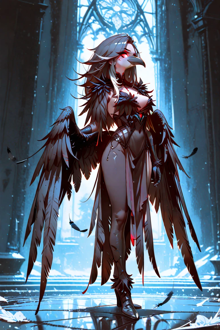 masterpiece, realistic, hyperrealistic, best quality, ultimecia, horns, red dress, plunging neckline, feather trim, black wings, facial marks, claws, full body, smirk