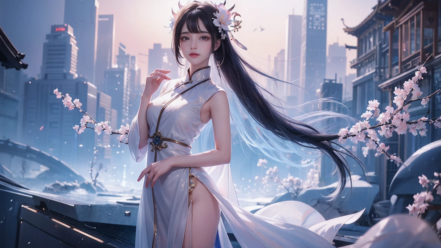 Super beautiful Chinese woman in white fairy dress, perfect body, bare shoulders, bare breasts, bare belly, bare legs, transparent, drenched, charming figure,
