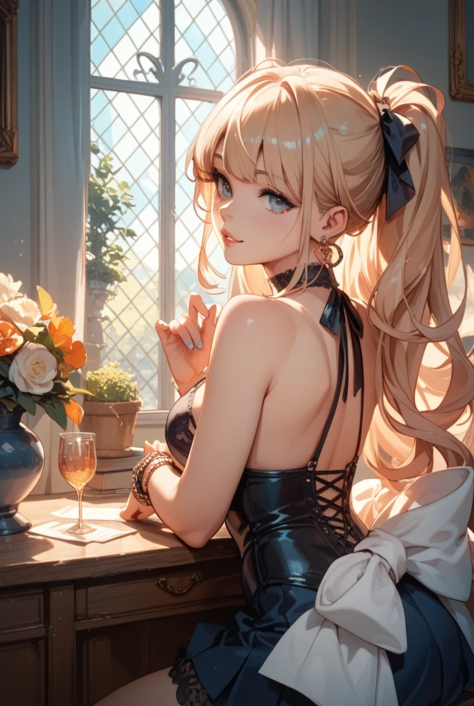 (masterpiece, Highest quality), (Ultra-high resolution, 8k RAW photos, Photorealistic:1.5, Fabric Shading, Thin contours), Beautiful mature woman preparing a tea party in the garden, (Tea set, you can, Tea cup, Some cakes on a plate), Gothic Table, (伝統的なダークブラウンのMaid clothesを着用, Maid clothes:1.2, Long Flared Skirt, apron), tall and leggy, Long white hair, Wearing borderless grass, (Mature Woman:1.5, 28 years old, alone), ( Tight waist), (Long white hair, Hair on one eye, Updo, Side Lock, Asymmetrical Hair, Wavy Hair), (Bright Eyes, Fine grain, A face with attention to detail, perfect face shape, Bloodshot eyes), (A seductive smile, Half-close your eyes), (Looking at the audience:1.3), (Dynamic Angle, Thigh focus, From side to bottom:1.2), ((Correct Anatomy:1.5, The right move)), (Ideal body proportions), Outdoor, Glass Garden, ((Garter Stockings))((black thong))