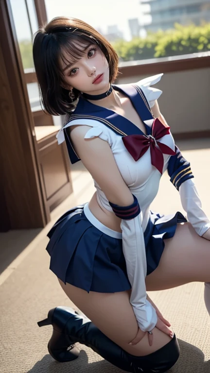 Sailor Uranus,One girl,Blonde,blue choker,Blue footwear,blue Sailor collar,blue skirt,boots,choker,Circlet,Earrings,gloves,jewelry,Magical girl,plant,Sailor collar,Sailor Mercury,Sailor Warrior Uniforms,Sailor Uranus,short hair,skirt,alone,star choker,tiara,very short hair,white gloves,Yellow ribbon、Nipples are visible