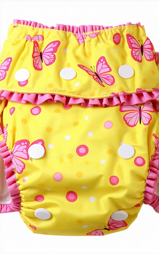 thick disposable yellow diaper with pink butterfly patterns and decorated with ruffles and ruffles. 