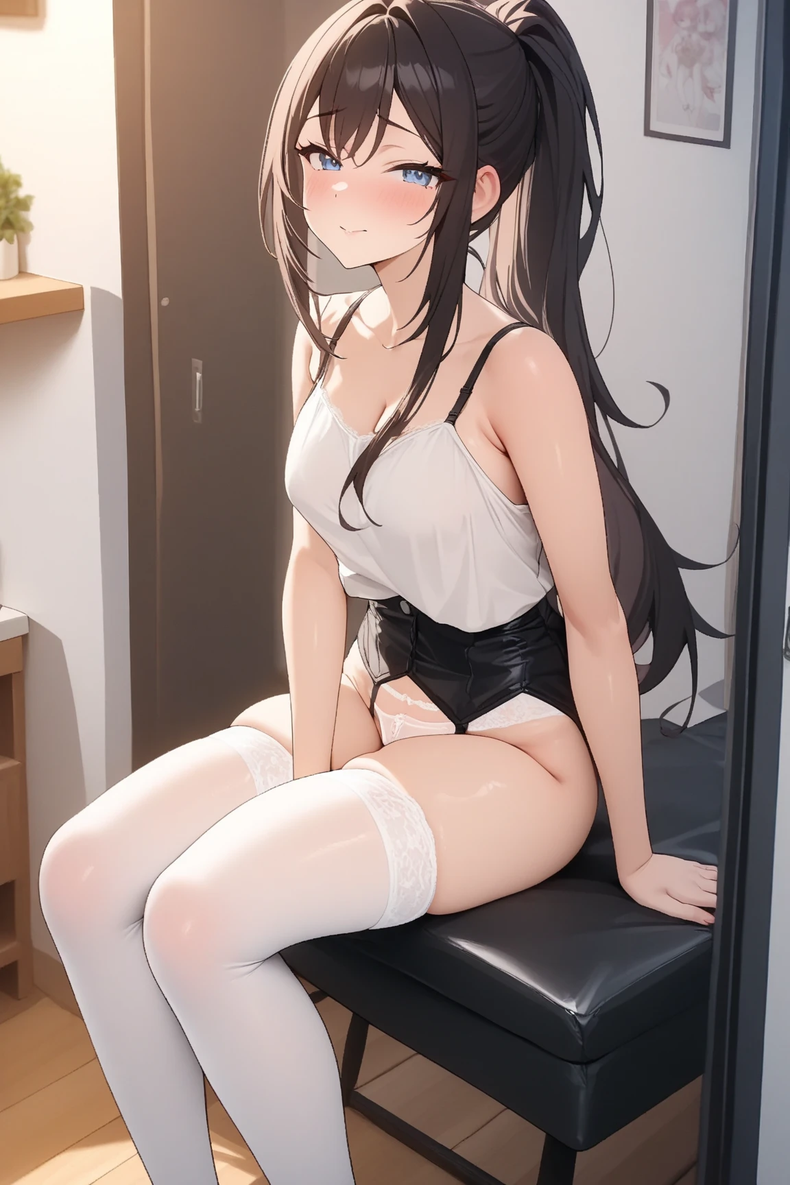 (Highest quality), (masterpiece), 1080P, High resolution, 4K, 8K, ((White school swimsuit)), Groin, restrained, shackles, Shooting from directly above, Sweat, Black tie, string, To achieve this, ((~ side)), show your ~ side, squat, Leg spread, Nipples, Small breasts, whole body, Embarrassed face, , Blunt bangs, Long Black Hair, Garter Ring, stand, whole body, barefoot