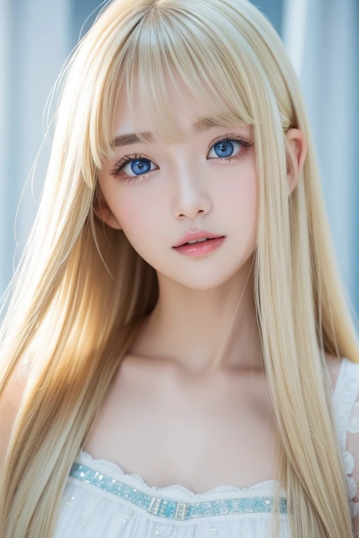 (((race、Frills、bikini、White background)))、forehead、Northern Europe、Russia、beautiful girl、Platinum Blonde Hair、Straight long hair、Hitting the face and front of the eyes、Big blue eyes、Sheer white and wet nightgown、Northern Europeの若者、Perfect body、White tendons、Glowing Skin、Young and beautiful skin、A perfect and beautiful little face、Bright makeup、Pale pink lips、Bright expression、16-year-old girl、lipstick、Deceptive advertising、Viewer&#39;s vision、Golden Hour Lighting、Bokeh Atmosphere Perspective、detailed、Movie Light、複雑なdetailed、High resolution、 フェイスデザインのdetailedな特徴、Attention to detail、Clear focus、Smoothness、aesthetics、Printed、Octane、{{masterpiece}}