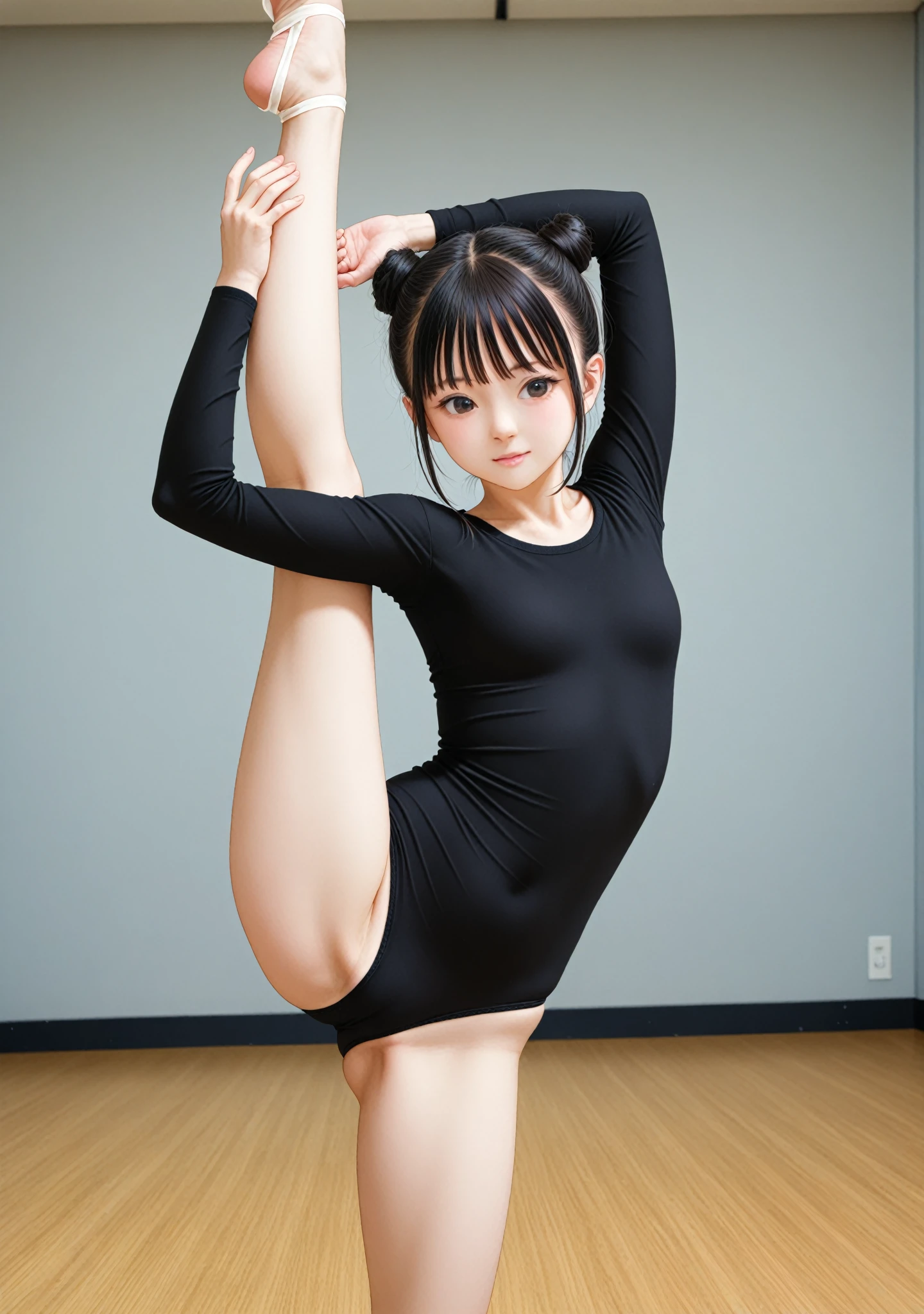 One girl, (Are standing on one leg, Are standing Split, Are standing_Split), (High leg leotard), (Shot from under the pussy) Showing her pussy from below, (8k, Rich details, Sharp details, Clear images, RAW Photos, highest quality, High resolution:1.1,(Full body photo), (hyperRealistic:1.4),(Realistic, photoRealistic:1.3), Soft Light,Realistic face,Realistic body,Realistic skin, masterpiece, Cute and plain 15 year old Japanese girl, Always wears glasses, Height: 150cm, Very large breasts, Big Breasts,Beautiful black straight long hair, Colorful lights, Film Grain, Professional Lighting, Photon Mapping, Physically Based Rendering, Random School