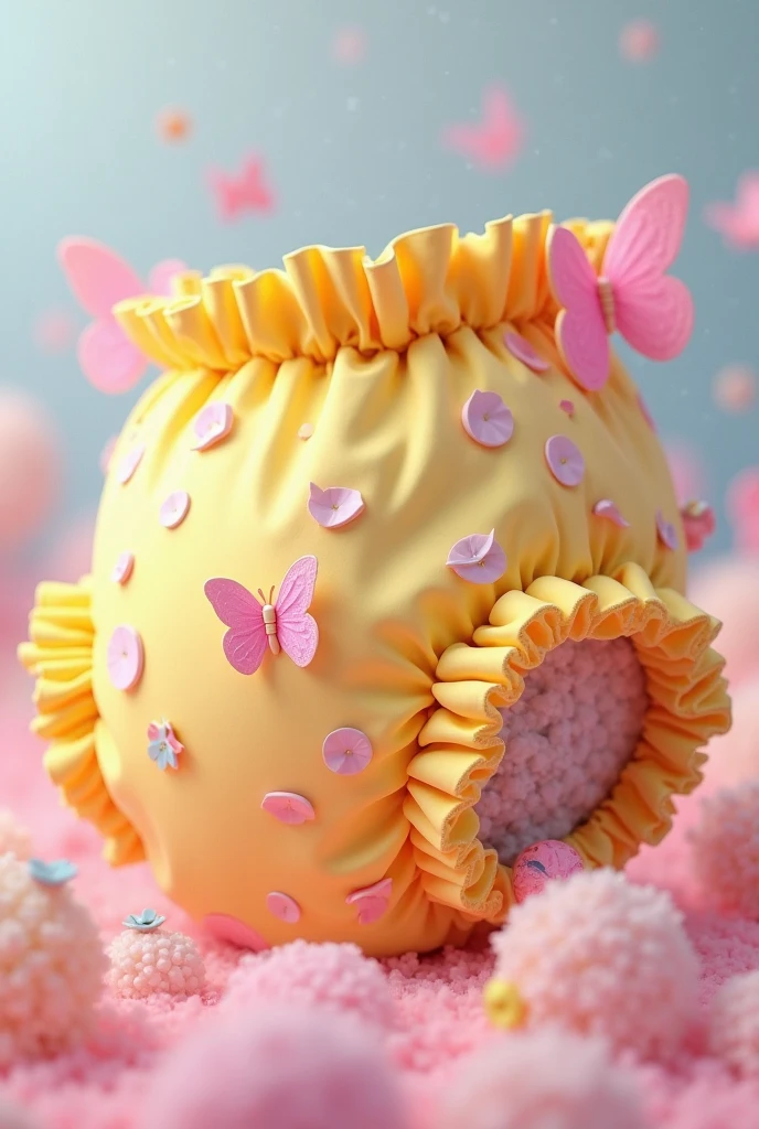 thick disposable yellow diaper with pink butterfly patterns and decorated with ruffles and ruffles. 