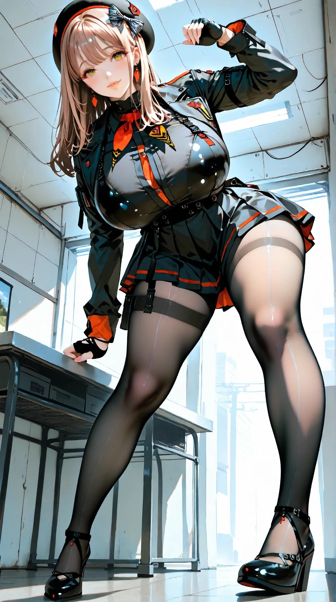 Perfect breasts ((bust 92 cm))((waist 60 cm)) ((hips 88cm)) navel, miniskirt ((Beautiful and sexy blonde woman)), ((straight black hair, perfect hair)), perfect eyes, effect with light in her eyes, extremely sexy body, ((wears a white blouse and black miniskirt with belt and suspenders)), She wears red gloves with black details up to the elbows, red boots ((hyper detailed, hyper realistic, superior image quality, cinematic lighting, 8k)), sexy seated pose view of the viewer from behind, in the middle of an abandoned factory, perfect lips, passionate expression, lips parted