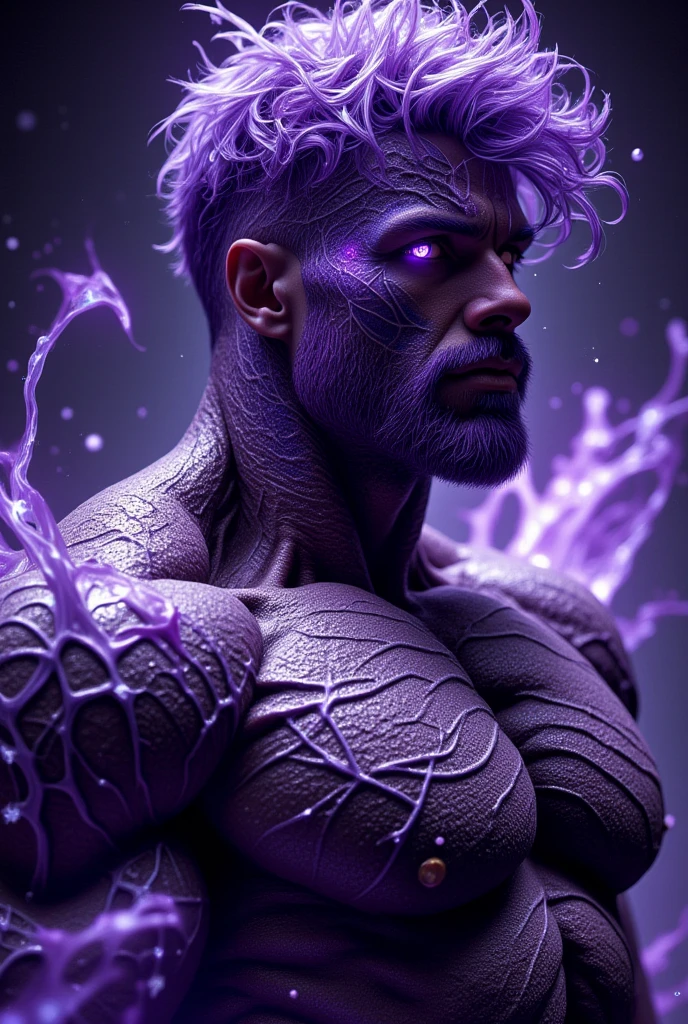 naughty man, between 20 and 30 years old, dark purple humanoid alien, Cao Cao, stark, bonitas, dark red iris, seducing gaze, goat horns, short black hair, messy and wavy, bushy eyebrows, traços starks, piercing de argola no septo, black nails. Wearing black tactical pants, barefoot, wearing no shirt