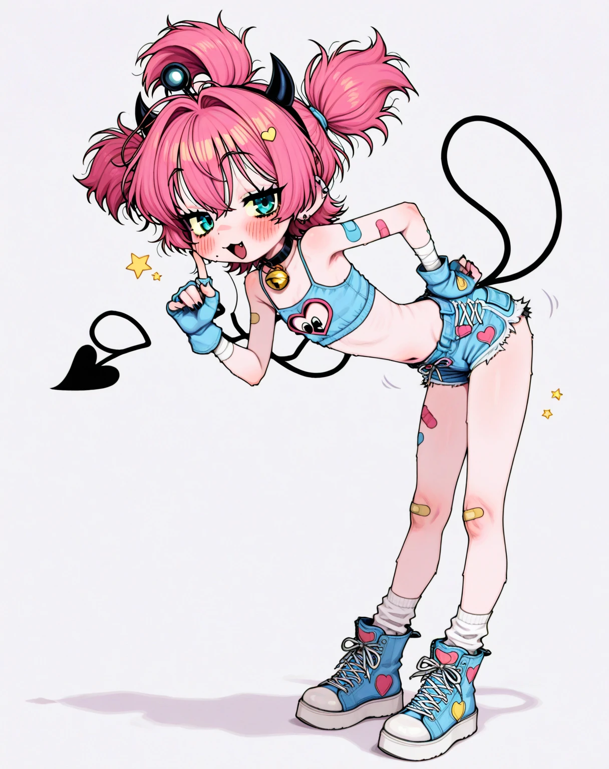 One girl, Blushing, 
BREAK (pink and white theme:1.4), (headdress with pink fake cat ears:1.4), (wear a pink suspenders over an off-shoulder short-sleeve white crop top:1.4), (pink heart(symbol) print on crop top:1.3), ((stomach, navel):1.2), (low-rise pink latex (A-line:1.2) tiered skirt with suspenders:1.3), (pink tiered mini skirt with pink suspenders:1.3), (pink wristband:1.3), (has a beautiful mesh fishnet tights:1.3), (countless small pink ribbon decorations:1.3), (white latex platform boots:1.2),
White background,