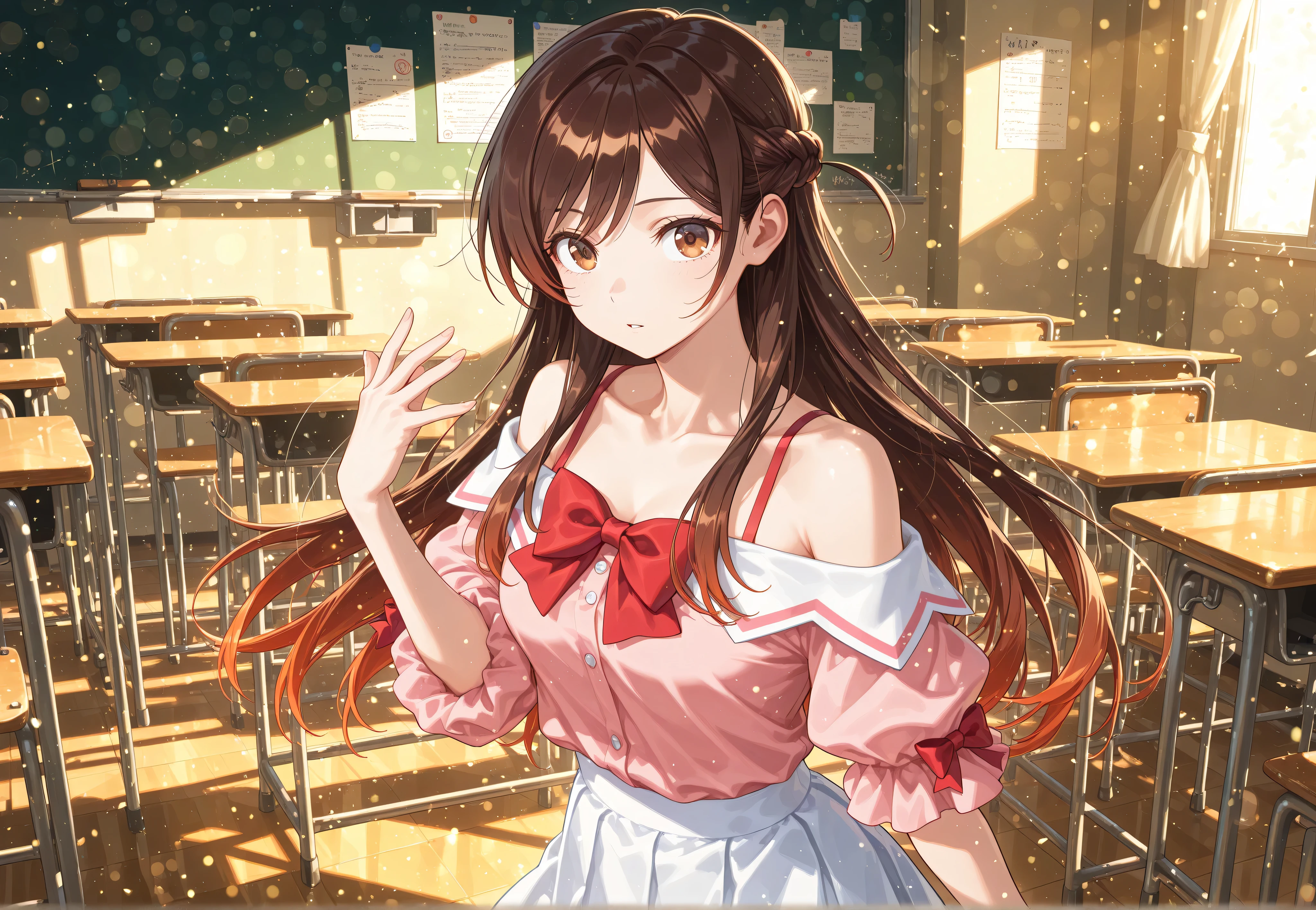 1girl, solo, Chizuru Mizuhara, (brown eyes: 1.5), brown hair, long hair,exposed shoulders, collarbone, Pink shirt, puffy short lists, Puffed Sleeves, Red Bow , shirt, short list, white skirt, Indoor break, CLASSROOM, stares at viewers, top quality, high resolution, Unity 8K壁紙, Highly Detailed Faces, perfect lighting, very detailed CG, (perfect hands , perfect anatomy),