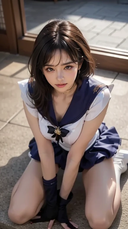 ((((top-quality))))、(((Ultra Precision CG16K Wallpapers)))、(((masterpiece)))、(((ultra-detailliert)))、(((Ultra-extreme details)))、One woman、a matural female、a 25yo woman、((Japanese face))、((extremely beautiful face))、((assist々Kiki:1.8))、((Sailor Moon Hairstyle:1.2))、(curly hair)、Bangs up to the eyebrows、Beautiful blonde、Beautiful delicate eyes、Brown eyes、lofty nose、small nostrils、seductive lips、slightly open mouth、Beautiful breasts、C-cup size breasts、cleavage of the breast、Plump body、perfectly proportions、perfect anatomia、Beautiful and detailed shading、Beautiful natural lighting、Beautiful detail glow、depth of fields、(((a high chroma)))、((realisitic:1.9))、((Vivid:1.4))、((Beautiful skin))、((Skin texture))、((Realistic skin feeling))、perfect-composition、((cowboy shot))、((View from the front))、((a smile:1.2))、(Staring eyes)、Bright sunshine、((starryskybackground:1.2))、(Background blur)、((Sailor Moon Uniform:1.5))、(gloves)、(boots)、((thighs thighs thighs thighs:1.2))、