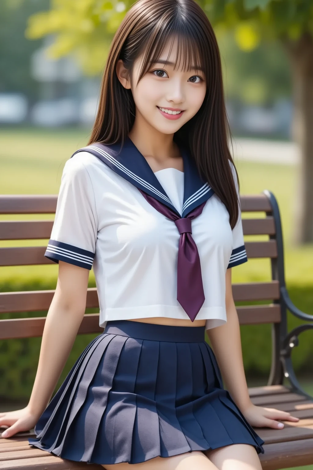 a pregirl，horse tailed，Large breasts, ssmile, looking at viewert, sailor uniform, short uniform skirt, athletic sneakers, photore, realistic, Best quality at best, employee, Sitting on the bencj at the school yard, diffuse lighting, depth of fields, Background bokeh