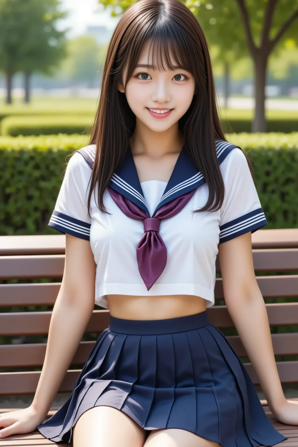 high school girl、Knee up and open your legs wide、sitting on a park bench、Navy blue uniform、A big red ribbon on the chest、mini skirt、No underwear、No bra、Long black hair、ponytail、Big Breasts、Moist eyes、Embarrassed expression、Droopy eyes、White knee-high socks、Baby Face、Plump Cheeks、White blouse wet in the rain、Pink nipples are see-through、She lifts her skirt with her hands to show her genitals