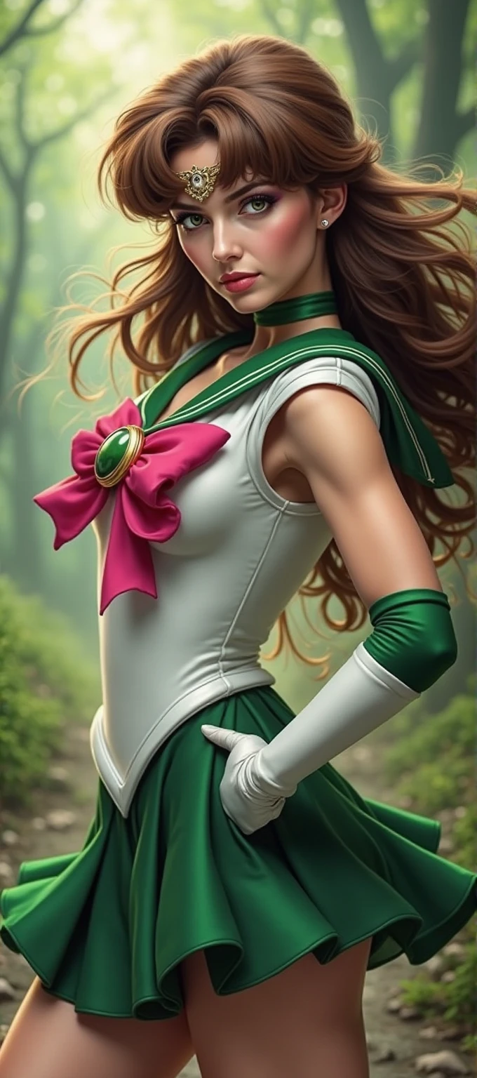 Pose de modelo sexy, showing your ass to the camera looking back, Realistic, Foto Ultra-Micro, extremely high quality, ultra-detalhado CG unidade 8k papel de parede, ((Tiara dourada luxuosa na testa: 1.4, mini Saia plissada verde brilhante: 1.2, Mini green pre-gate skirt: 1.1,sem manga,luvas verdes nos cotovelos: 1.1, Verde Grande Cor, colarinho de marinheiro verde, Broche verde)), de baixo, detalhe intrincado, (1 female), 20 anos, (sailor Jupiter, olhos verdes, rabo-de-cavalo, Tiara, jewelries, Uniforme Sailor Senshi, colarinho de marinheiro verde, gargantilha, Bosques de Cotovelo, luvas brancas, Broches, malha branca, saia verde, Saia plissadas), cabelos castanhos incrivelmente longos: 1.2, brilhante bonito liso cabelo castanho longo: 1.2, Jupiter sailor uniform, (Uniforme Sailor Senshi, bare arms: 1.1, Long white latex gloves with luxurious golden decoration: 1.3, gargantilha verde, Decote sexy ousadamente grande, Brincos dourados em forma de anel, Bright green long boots with luxurious golden decor), (very thin white holographic leather and apt high gloss: 1.3), Avante de gravete de pernas altas ousadas e sexy, ((sorriso sedutor, cara muito bonita, cabelos marrom, Detalhes do rosto: 1.5, olhos verdes brilhantes, beautiful face, olhos bonitos, olhos brilhantes, thin lips: 1.3, fino, Sharp, pale eyebrows, long dark eyelashes, Double eyelashes)), Luxuosas asas brancas enormes, muscle muscles: 1.2, abdominais musculosos: 1.2, um rosto pequeno, Seios enormes, alto e perfeitamente fornecido, cintura fina, Pose de modelo sexy, visible pores, perfect hands: 1.5, octane rendering, highly dramatic picture, Luz natural forte, sunlight, exquisite lighting and shadow, Dynamic angle, Harpa DSLR, foco: 1.0, Maximum clarity and sharpness, detailed perfect hands, (Dynamic lightning backgrou, A sombra da floresta, Lightning space background, jupiter, fora, ..lua, Dynamic background, fundo do detalhe)