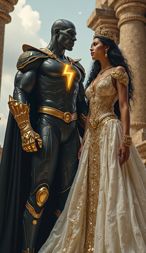 Describe two individuals, one male and one female, with an impressive height of 2.2 meters, their bodies sculpted by a life in harmony with nature. Their skin displays shades of bronze and copper, adorned with intricate tribal patterns that tell ancient stories of their lineage. Their faces are striking and noble, with high cheekbones, strong jawlines, and slightly glowing amber eyes that shine with resilient determination, reflecting the deep connection they share with the earth beneath their feet. Their facial features are further accentuated by tribal symbols intricately etched onto their skin, including their foreheads, cheeks, and along the jawline, adding a sense of mysticism and heritage.
They are dressed in stylish outfits inspired by a classic space opera saga: futuristic attire with metallic details, flowing capes, and advanced technological accessories like holographic bracelets and energy boots. Each carries classic weapons at their waist, such as elegant swords and retro laser pistols.
Capture these individuals in a landscape that exuberantly blends nature and advanced technology. They stand in a clearing within an alien city, where towering skyscrapers with glowing neon lights are intertwined with enormous, bioluminescent alien plants and trees. The city's architecture features sleek, futuristic designs combined with organic, nature-inspired elements, creating a harmonious blend of the technological and the natural. Partially hidden spacecraft hover above, and pathways are lined with both technological installations and lush, alien vegetation. The setting sun casts a golden light over the scene, illuminating both the advanced structures and the vibrant flora. The image should convey a sense of power, wisdom, and a profound connection between the natural and the technological.