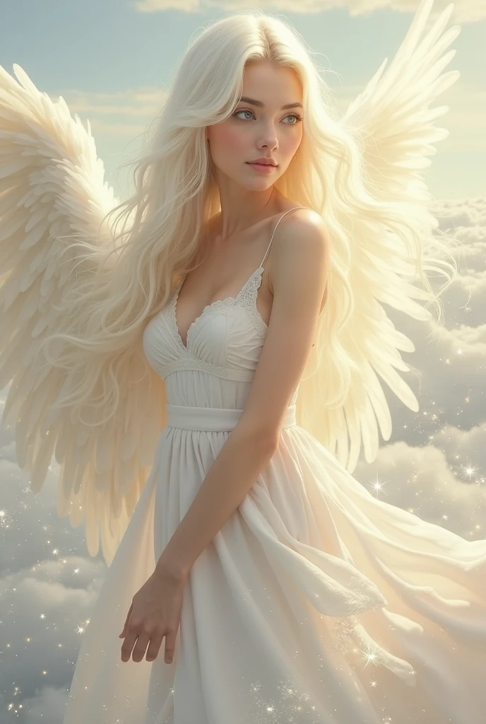 (beautiful金髪女性, beautifulAngel, whole body:1.3),(White skin:1.8),(beautiful小さな胸:1.35),(Angelの輪, Angelの羽根:1.4), beautiful, masterpiece, Beata Undine, Angel, Angelの輪, Highest quality, Highly detailed face, Looking at this, (A thin, sheer long dress, The skin is transparent:1.4),  Perfect lighting, 1人のbeautiful女性, alone, , Sitting, blush, sky heaven clouds