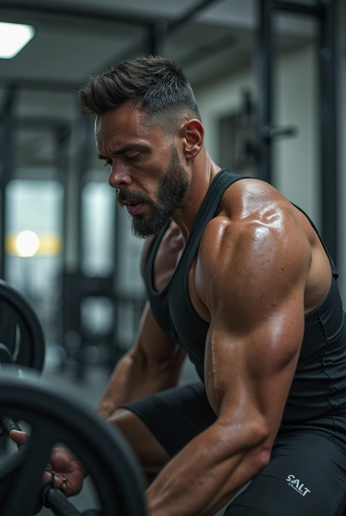 White man , sem beard, with defined jaw, eyes browns, trains at the gym, with black and brown hair named Carlos Eduardo