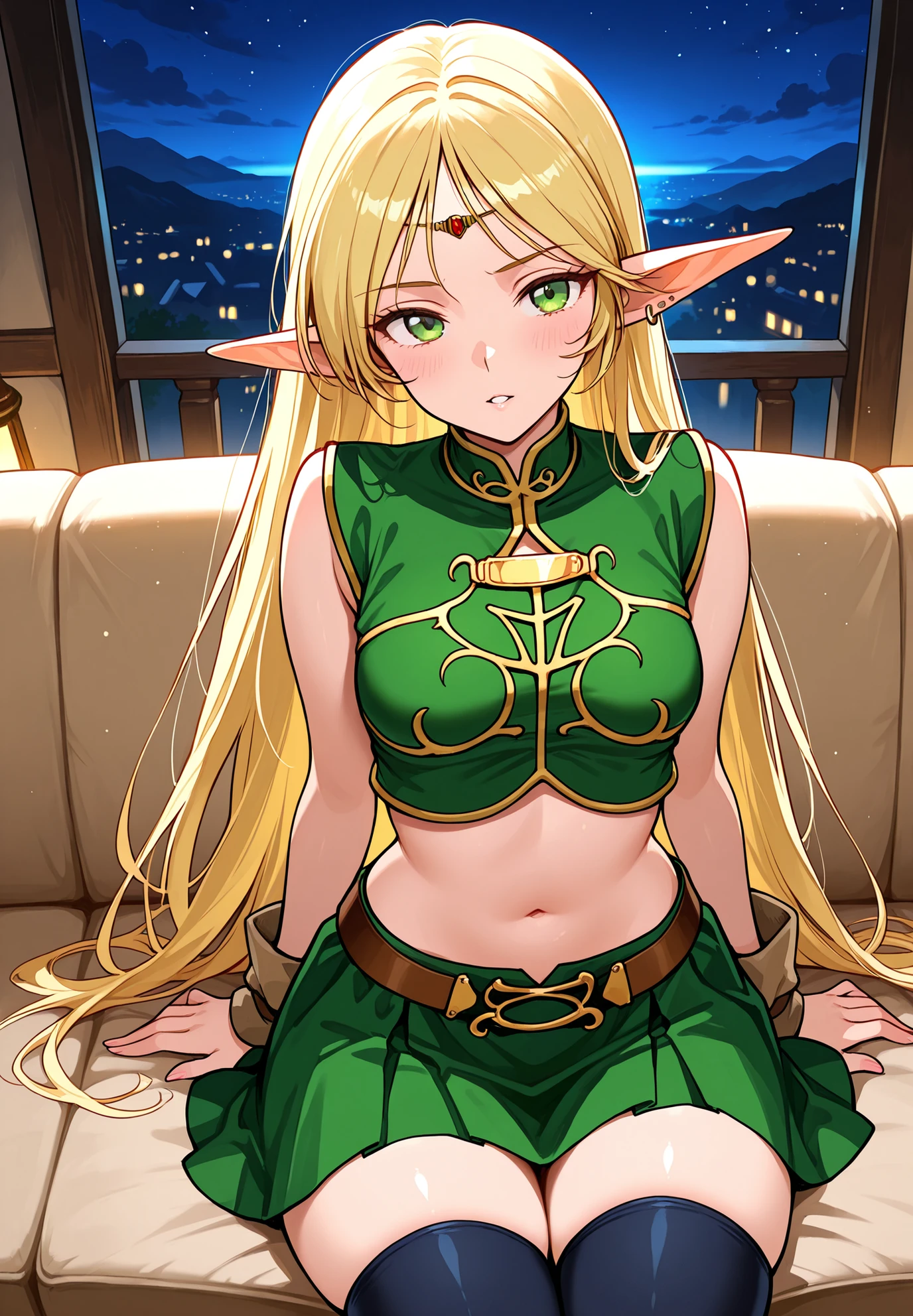 1girl, solo, deedlit \(Record of Lodoss War\), crop top, piercings, thigh highs, skirt, sitting on a couch,sexy pose, alluring atmosphere, night time, Dark Fantasy Inn, cinematic lighting, masterpiece,top quality,warm color,high resolution,high fashion,absurdres extremely,vivid colors,intricate details,best quality,amazing quality,very aesthetic,newest,ultra-detailed,nsfw